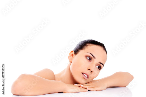 Beautiful nude woman isolated on white background.
