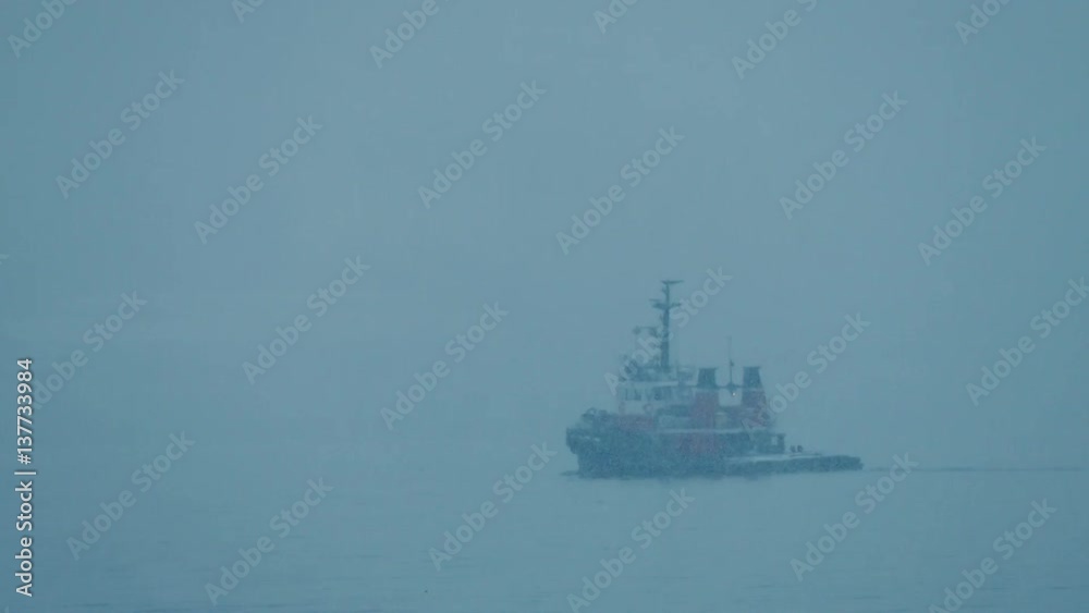 Boat Passing In Winter Snowstorm Boat Passing In Winter Snowstorm