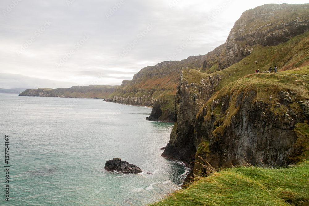 Carrick-a-Rede Rope Bridge, near Ballintoy in County Antrim, Northern Ireland, believed to been built by salmon fishermen to the island for over 350 years