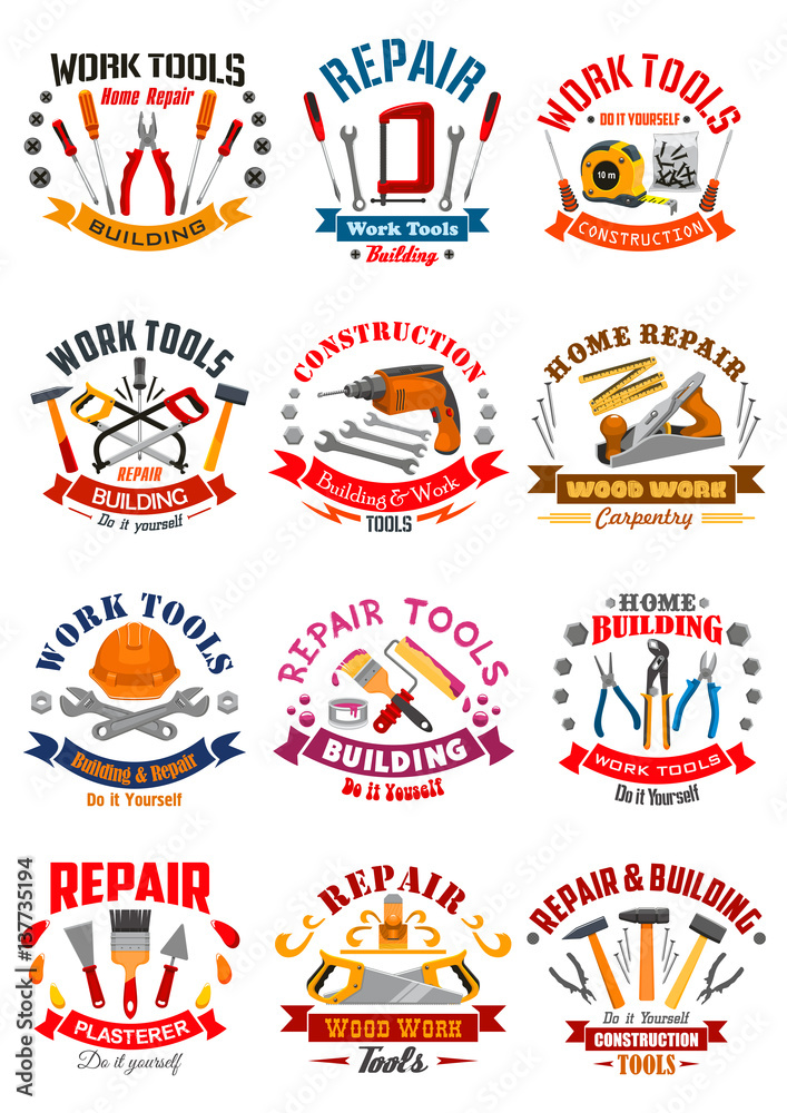 Repair construction work tools vector icons