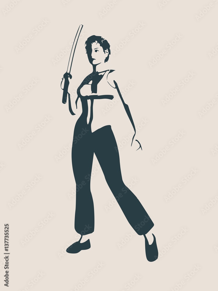 Karate martial art silhouette of woman in sword fight karate pose Karate martial art silhouette of woman in sword fight karate pose