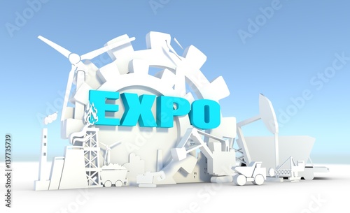 Energy and Power icons set. Sustainable energy generation and heavy industry. 3D rendering. Expo text