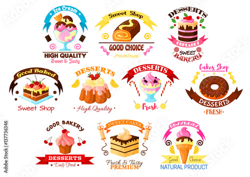 Desserts and cakes vector icons or emblems set