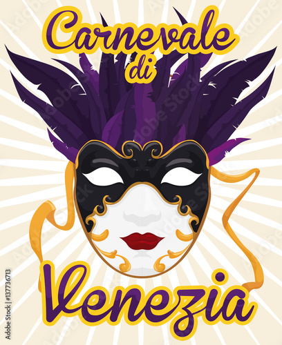 Female Volto Mask with Feathers to Celebrate Carnival of Venice, Vector Illustration