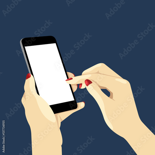 Vector Illustration Of A Woman's Hands Holding A Smart Phone In The Dark