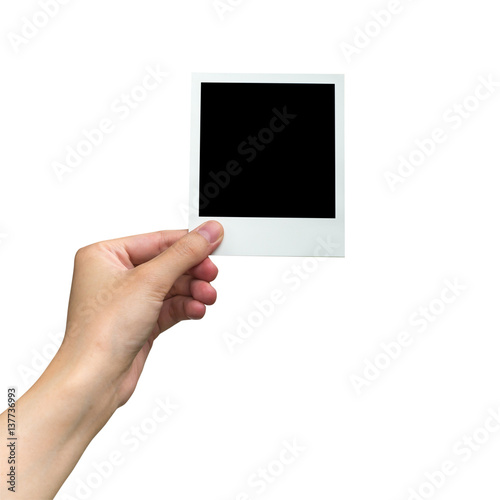hand holding photo frame on isolated white with clipping path.