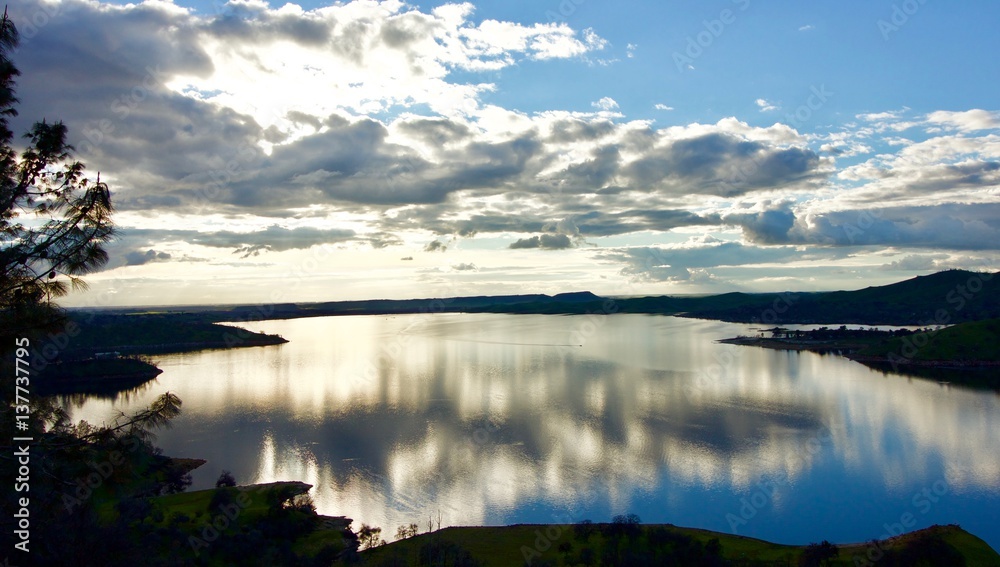 A Completely Full Reservoir - a man-made lake in central California signals the end of a years long drought due to the wet winter of 2016 - 2017