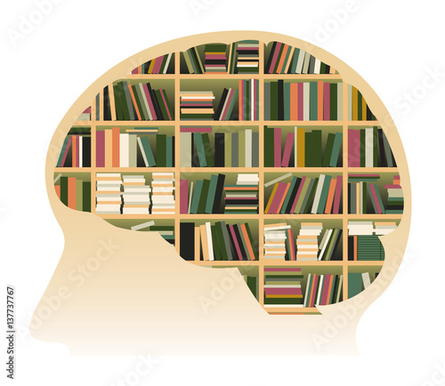 Conceptual Vector Illustration Of A Human Brain Filled With Books. Representing Knowledge.