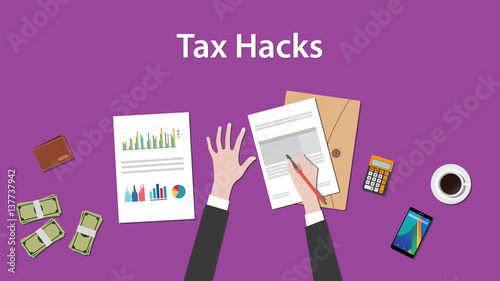 illustration of counting tax hacks with paperworks, calculator and money on top of table and purple background