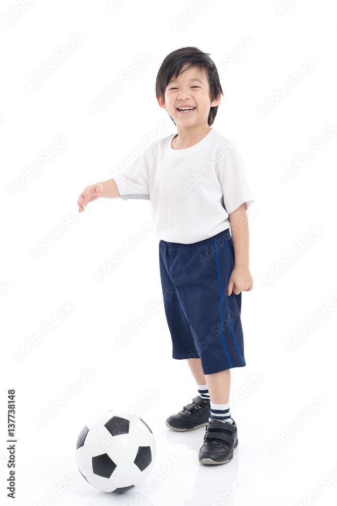 Asian child with football on white background Asian child with football on white background
