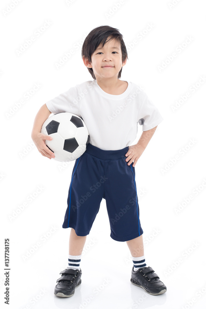 Asian child with football on white background Asian child with football on white background