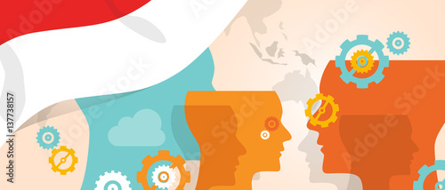 Indonesia concept of thinking growing innovation discuss country future brain storming under different view represented with heads gears and flag