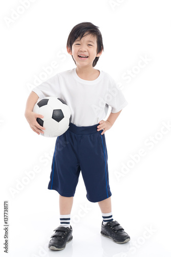  Asian child with football on white background