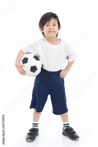  Asian child with football on white background