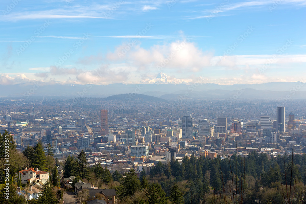 Portland Cityscape with Mt Hood Daytime View