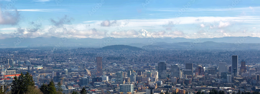 Portland Cityscape with Mt Hood Daytime View Panorama