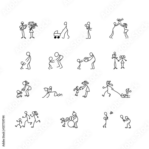 Cartoon icons set of sketch little people in cute miniature scenes.