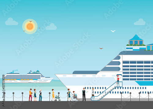 Cruise ship anchored  at sea port with cruise peopl in line.