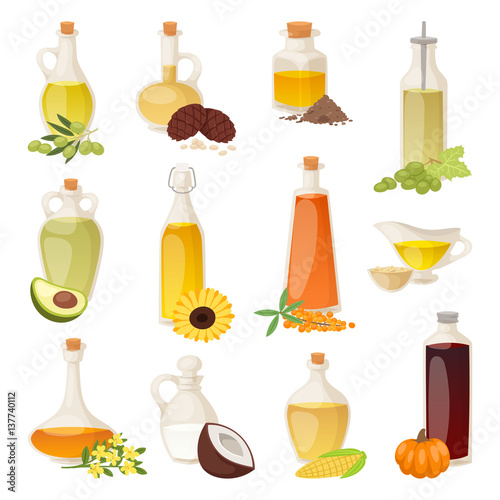 Different food oil in bottles isolated on white with cooking transparent liquid and natural, vegetable, virgin organic healthy container vector illustration.