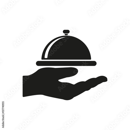 Tray in hand icon. Restaurant, service, banquet, lunch symbol. Flat design. Stock - Vector illustration