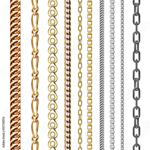 Chains link strength connection vector seamless pattern of metal linked parts and iron equipment protection strong sign shiny design background.