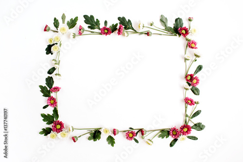 Frame wreath with red and white wildflowers, green leaves, branches on white background. Flat lay, top view. Flower background.