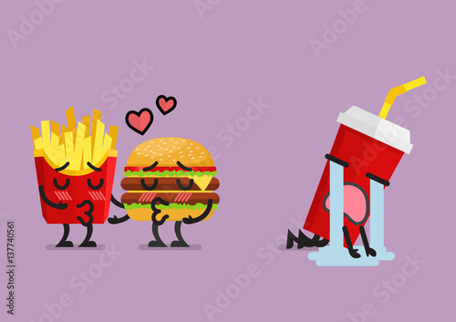 Fast food fall in love kissing with heartbroken soft drink character