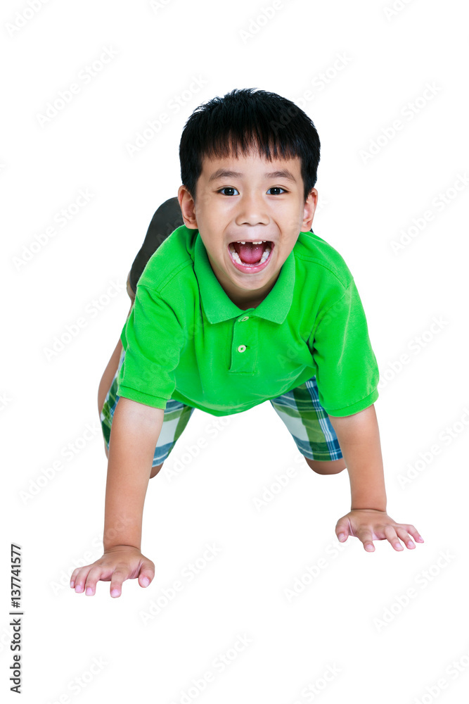 Happy child open the mouth and crawling on knees. Isolated on white background. Happy child open the mouth and crawling on knees. Isolated on white background.