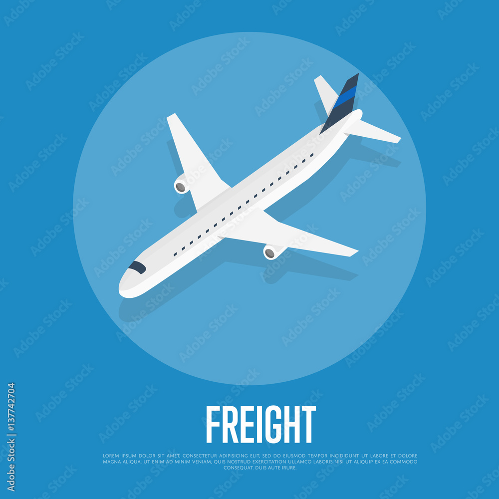 Delivery freight isometric vector illustration. Cargo jet airplane with shadow round icon. Worldwide logistics, delivery transportation, global freight airlines, shipping company, import and export