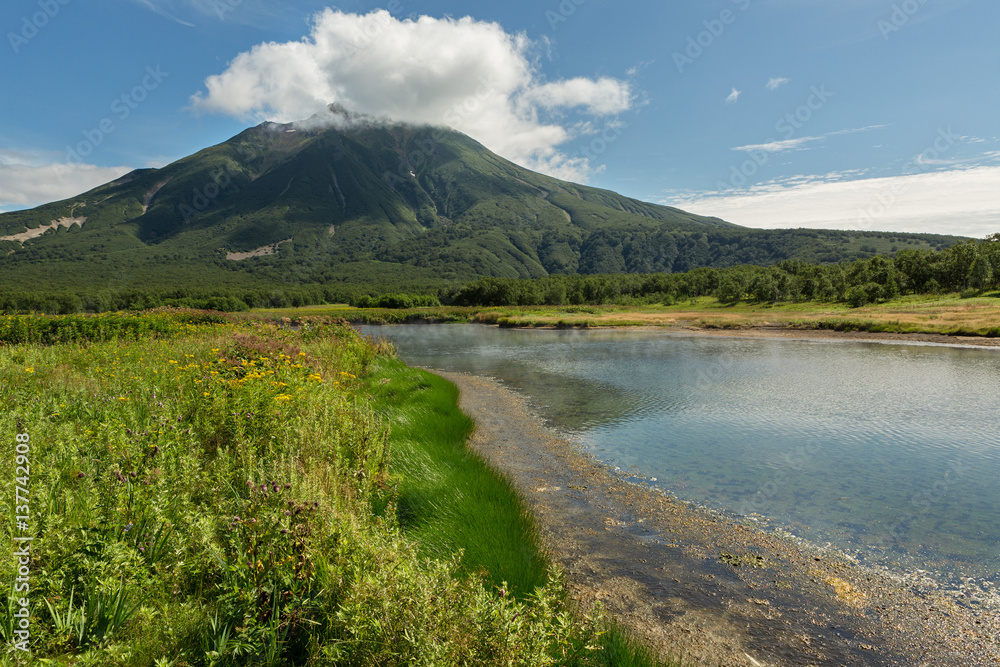 Khodutkinskiye hot springs at the foot of volcano Priemysh. South Kamchatka Nature Park.