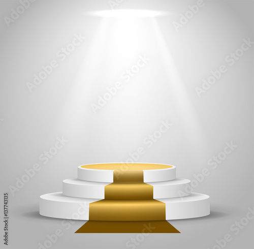 Business presentation podium of three steps with the track. Bright spotlights. solemn presentation, streamers and confetti. 3D-rendering of vector graphics.
