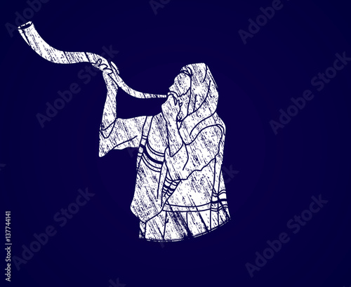 Jew blowing the shofar sheep kudu horn graphic vector.