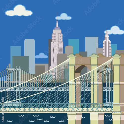 View of New York from the East River. Two bridges in the foreground.
