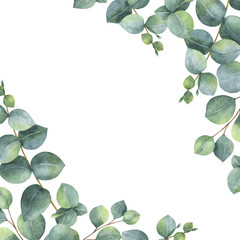 Watercolor green floral card with silver dollar eucalyptus leaves and branches isolated on white background.