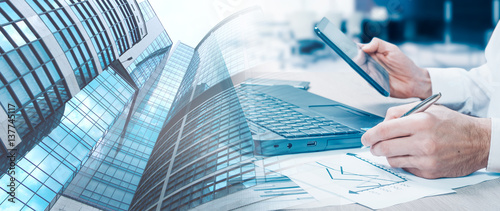 business theme photo collage composed of few images. Remote work