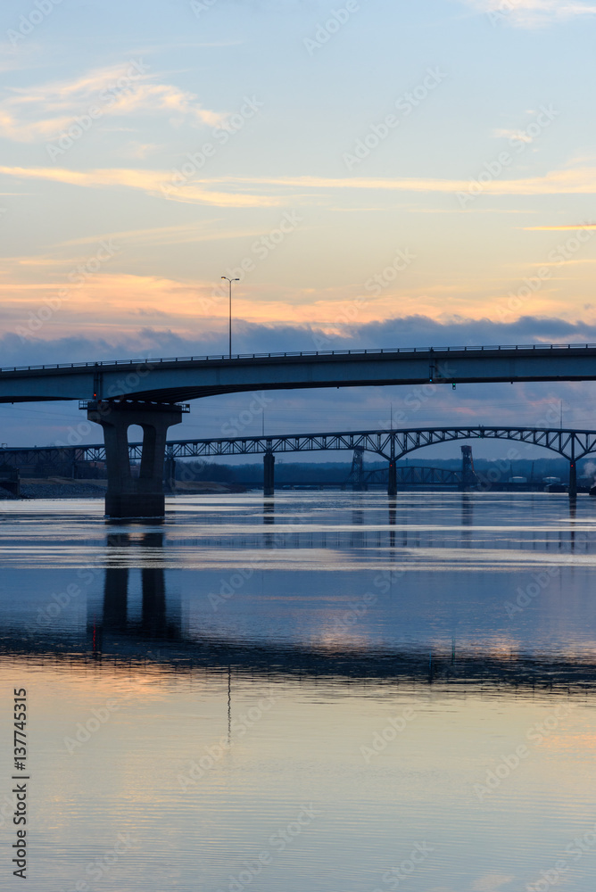 Bridges over Illinois River in Peoria, Illinois at sunset