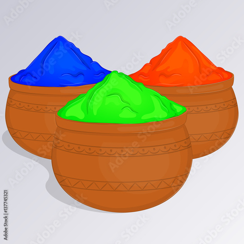 Three pots of colorful gulal or colors powder. Indian traditional paint to celebrate Holi in cartoon style. Vector illustration. Holiday Collection.