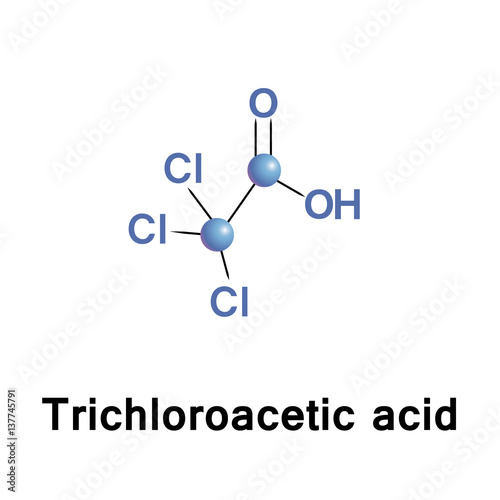 Trichloroacetic or trichloroethanoic acid is an analogue of acetic acid in which the three hydrogen atoms have been replaced by chlorine atoms. Salts and esters are called trichloroacetates photo