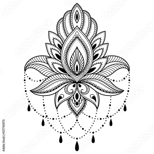 Henna tattoo flower template in Indian style. Ethnic floral paisley - Lotus. Mehndi style.
