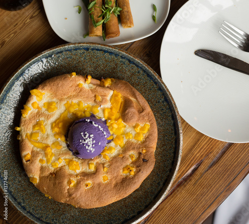 Mango Souffle Pancake Topped with Taro Ice Cream