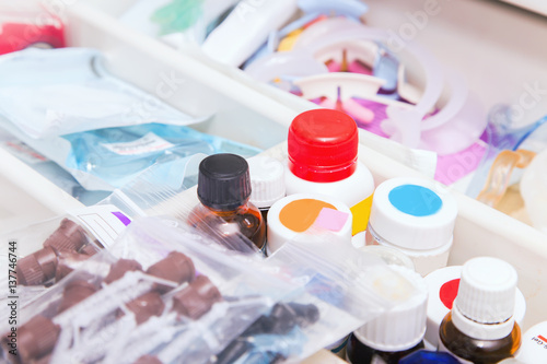 Close up photo of dentist’s tools drawer