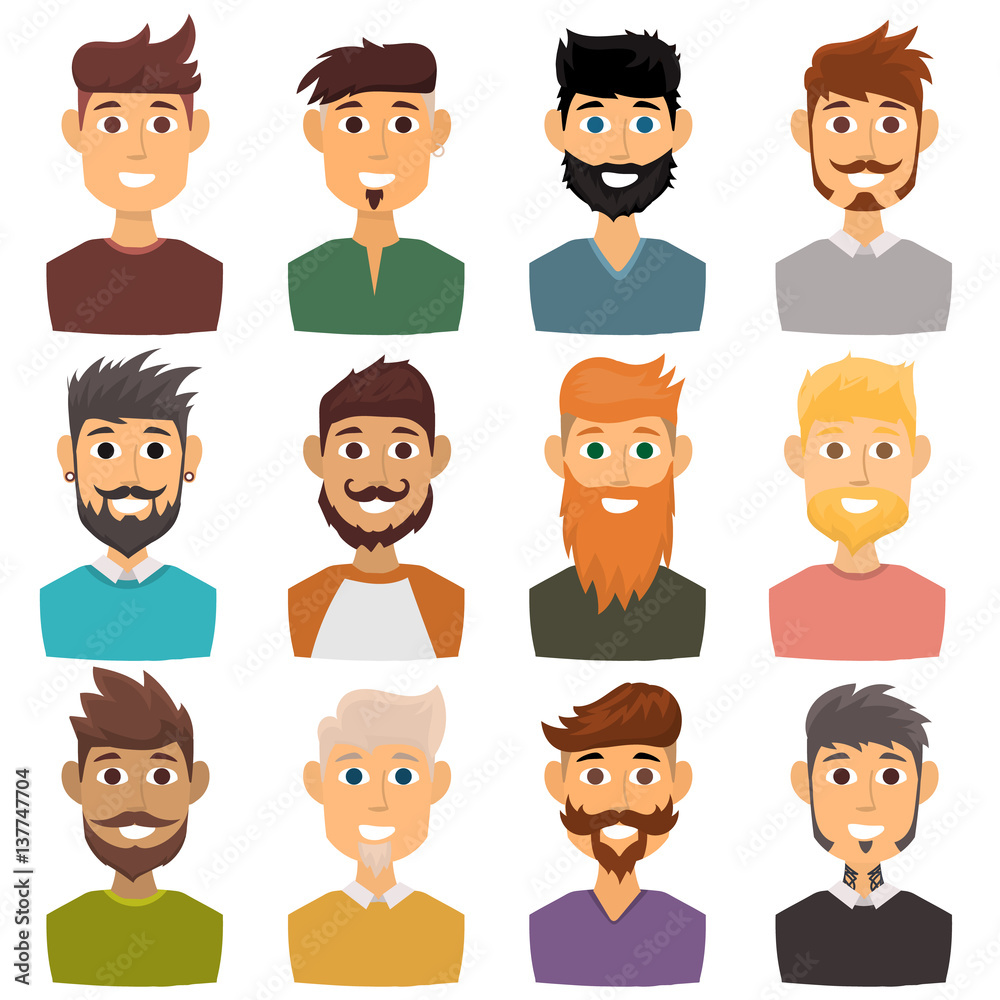 Character of various expressions bearded man face avatar and fashion hipster hairstyle head person with mustache vector illustration. Character of various expressions bearded man face avatar and fashion hipster hairstyle head person with mustache vector illustration.