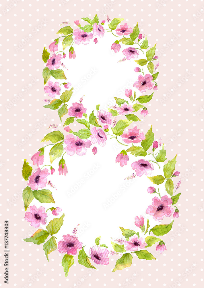 Template of watercolor greeting card 8 March with flower Eight