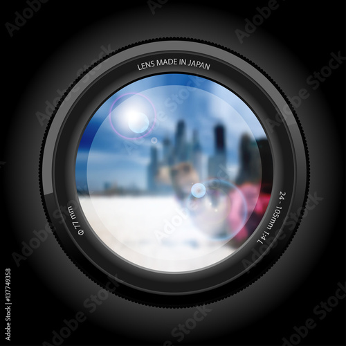 urban landscape with a beach and a camel in the background of the city. View of the lens.  Illustration vector.