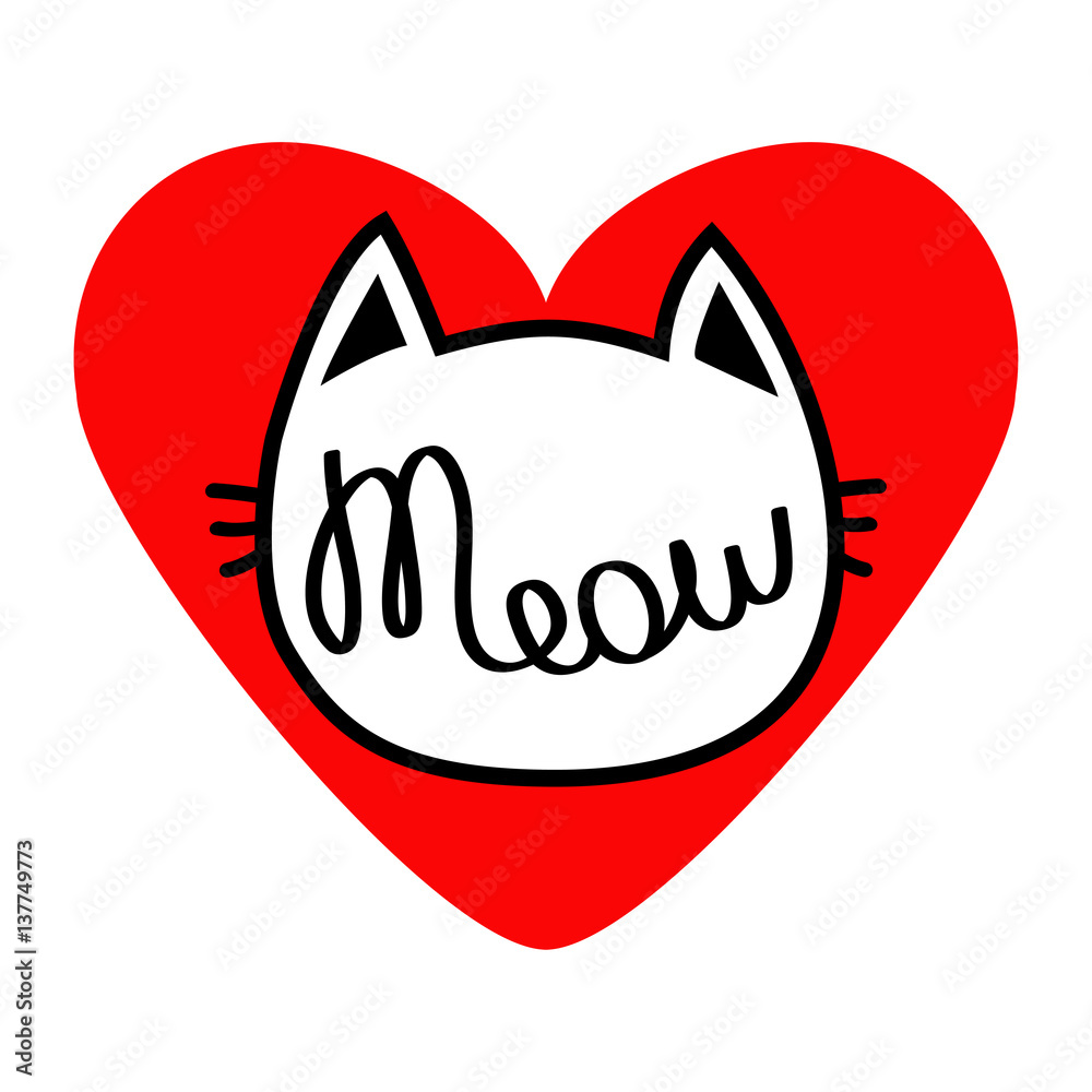 Cat head silhouette shape. Meow lettering text. Love card. Cute cartoon ...