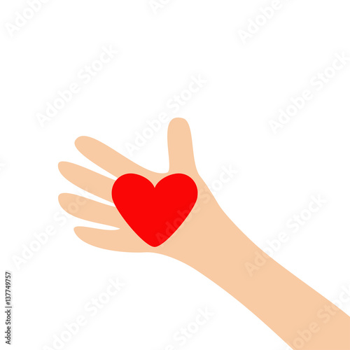 Human hand arm holding red shining heart shape sign. Close up body part. Happy Valentines day. Greeting card. Flat design style. Love soul gift concept White background. Isolated.