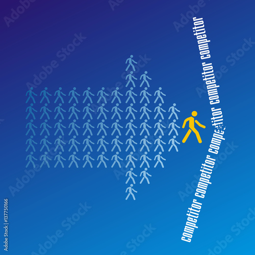 The crowd of workers follows the leader of the team overcoming competitor