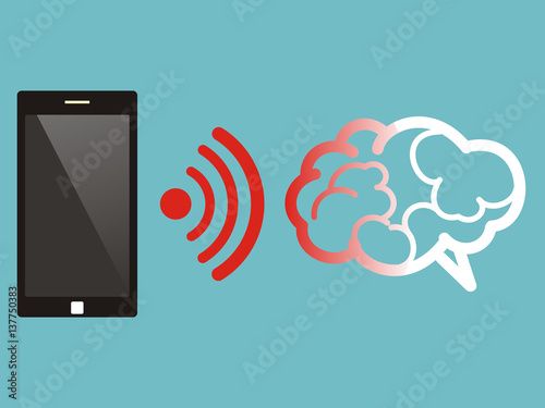 Radiation from mobile phone lead to brain damage. Medical illustration.