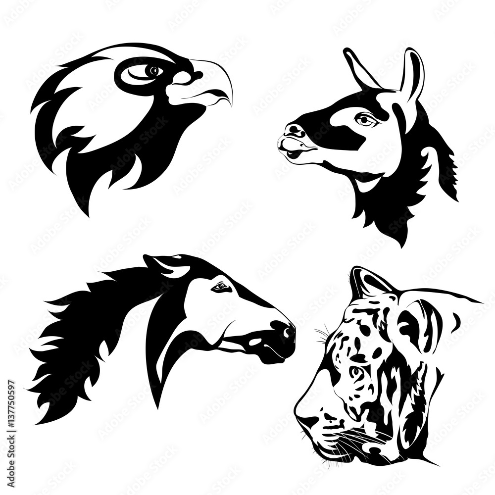 Black and white animals. Vector tattoo. Animals head. Lama, eagle, horse,  tiger Stock Vector | Adobe Stock