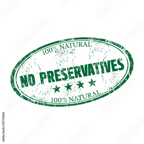 Green grunge rubber stamp with the text no preservatives written inside the stamp